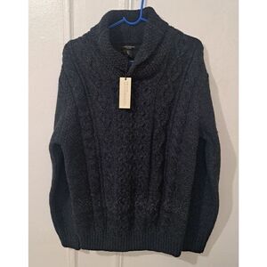 Paolo Mondo Mens Large 100% ITALIAN WOOL blue Shawl Collar Cable Knit Sweater